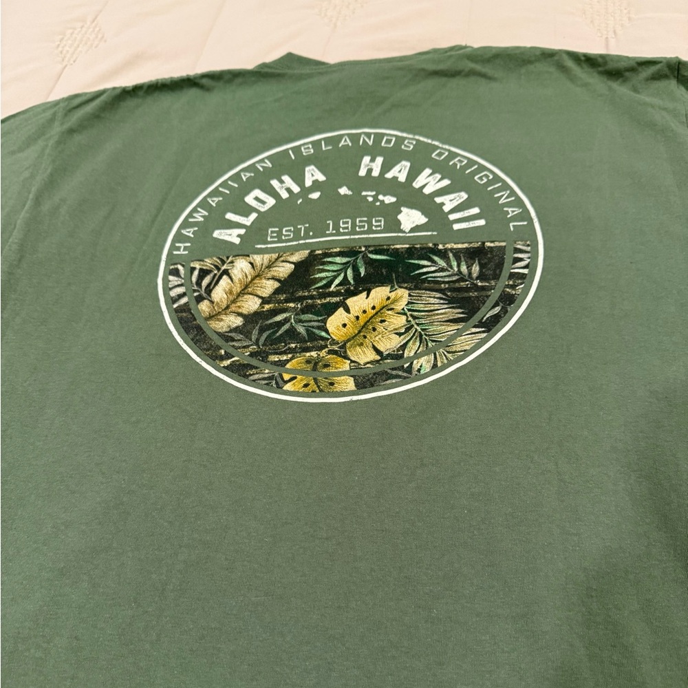 Olive green T-shirt with large Hawaiian print on back, XL, 100% cotton - Picture 6 of 6